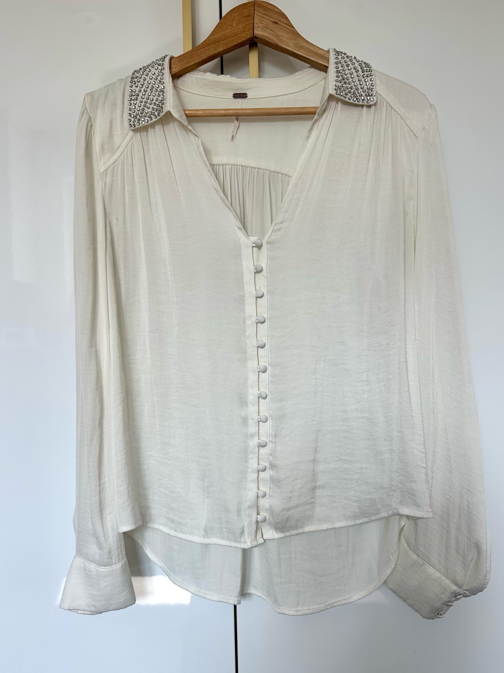 Free People Ivory Rhinestone Collar Boho Blouse Medium - Picture 1 of 4